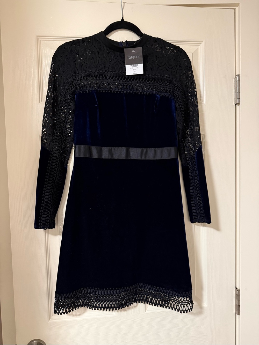 TOPSHOP Navy Velvet Dress with Black Lace Insets